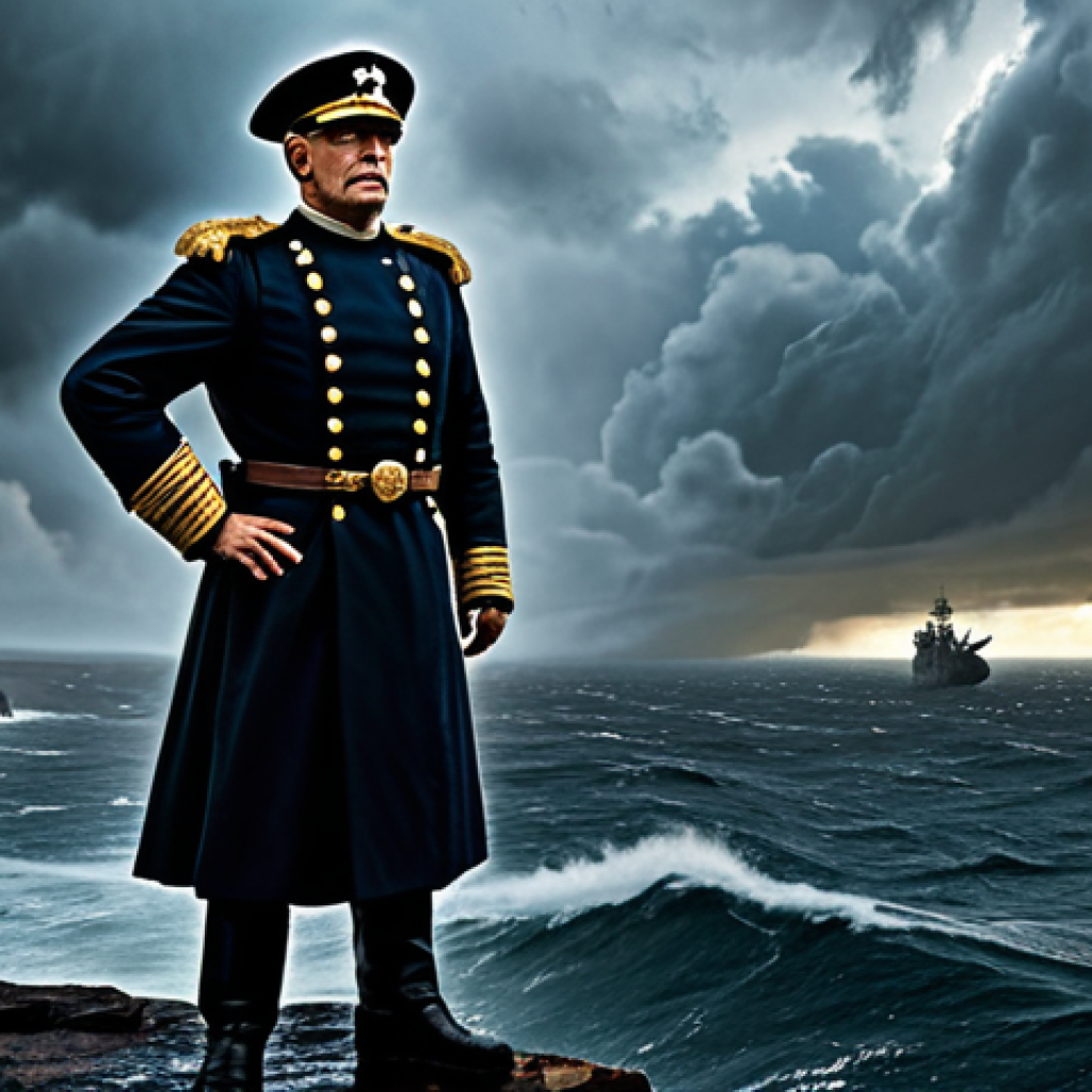 A powerful fantasy naval commander, fully clothed in a modest, dark, and practical uniform, stands proudly on a rain-slicked, rugged cliff overlooking a vast, stormy ocean. Distant, ghostly shipwrecks are silhouetted against a dramatic, cloudy sky, implying a rich history and deep lore. The scene features epic lighting and an atmospheric, detailed background, evoking a sense of ancient conflicts and a complex world. The commander has perfect anatomy, correct proportions, a natural pose, well-formed hands, and proper finger count. This image is safe for work, appropriate content, fully clothed, and family-friendly.