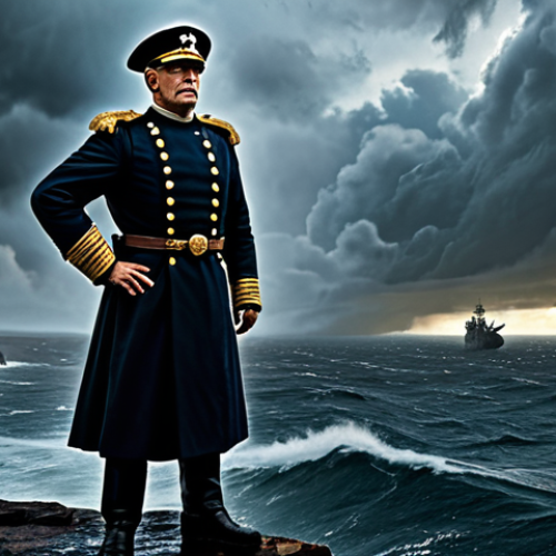 Home 15 A powerful fantasy naval commander, fully clothed in a modest, dark, and practical uniform, stands proudly on a rain-slicked, rugged cliff overlooking a vast, stormy ocean. Distant, ghostly shipwrecks are silhouetted against a dramatic, cloudy sky, implying a rich history and deep lore. The scene features epic lighting and an atmospheric, detailed background, evoking a sense of ancient conflicts and a complex world. The commander has perfect anatomy, correct proportions, a natural pose, well-formed hands, and proper finger count. This image is safe for work, appropriate content, fully clothed, and family-friendly.