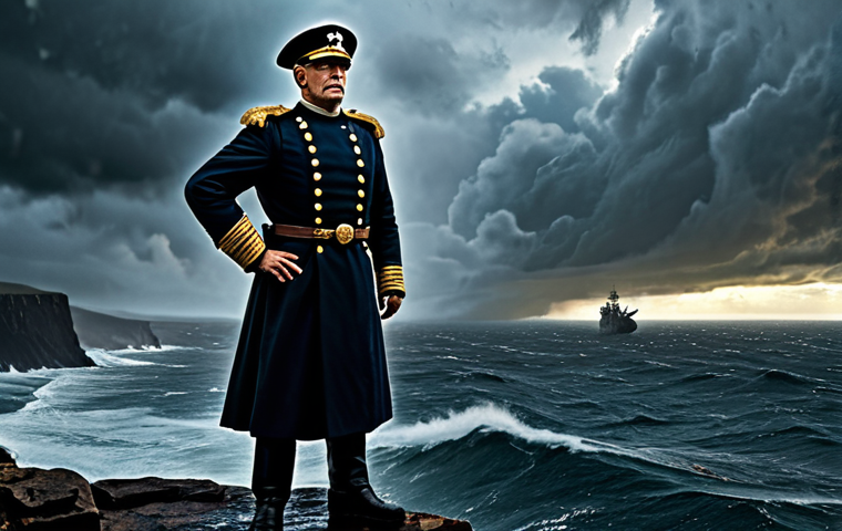 A powerful fantasy naval commander, fully clothed in a modest, dark, and practical uniform, stands proudly on a rain-slicked, rugged cliff overlooking a vast, stormy ocean. Distant, ghostly shipwrecks are silhouetted against a dramatic, cloudy sky, implying a rich history and deep lore. The scene features epic lighting and an atmospheric, detailed background, evoking a sense of ancient conflicts and a complex world. The commander has perfect anatomy, correct proportions, a natural pose, well-formed hands, and proper finger count. This image is safe for work, appropriate content, fully clothed, and family-friendly.