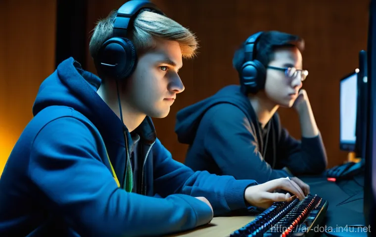 도타2 픽 밴 전략 - **Prompt:** A diverse group of four young adult gamers, approximately 18-25 years old, intensely foc...