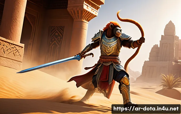 도타2 아이템 리스트 - A dynamic battle scene in a high-fantasy desert arena inspired by Middle Eastern culture, featuring ...