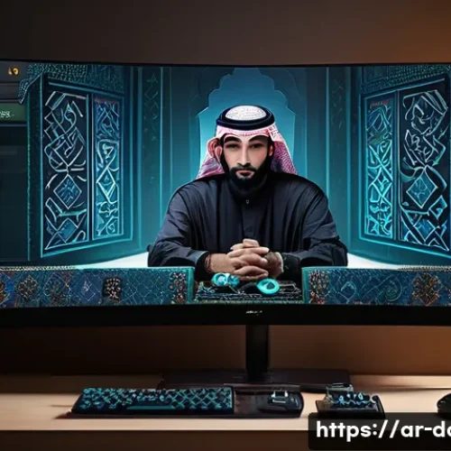 도타2 거래소 이용법 - A detailed digital art scene depicting an Arab gamer sitting at a modern gaming setup with dual moni...