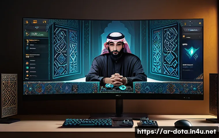 도타2 거래소 이용법 - A detailed digital art scene depicting an Arab gamer sitting at a modern gaming setup with dual moni...