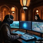 도타2 가이드북 발행 - A dynamic scene of an Arabic-themed Dota 2 team strategizing in a high-tech war room with holographi...