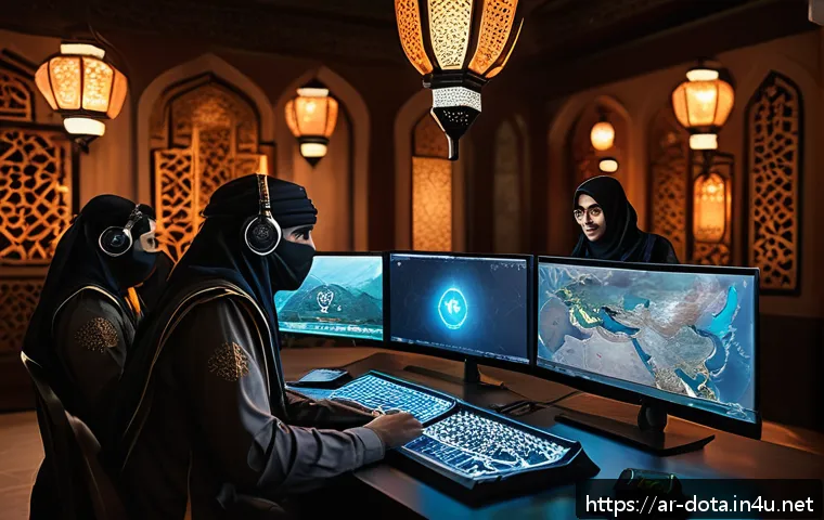 도타2 가이드북 발행 - A dynamic scene of an Arabic-themed Dota 2 team strategizing in a high-tech war room with holographi...