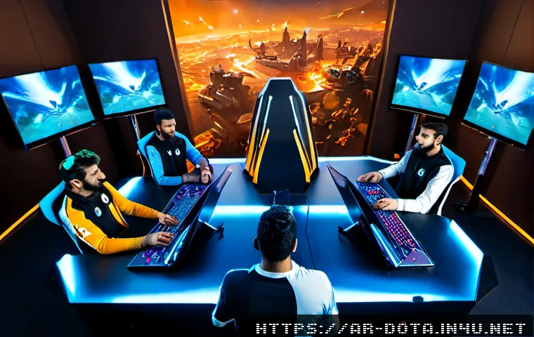 도타2 최강 조합 - Photorealistic overhead view of five Arab esports teammates in a modern gaming lounge, confidently c...