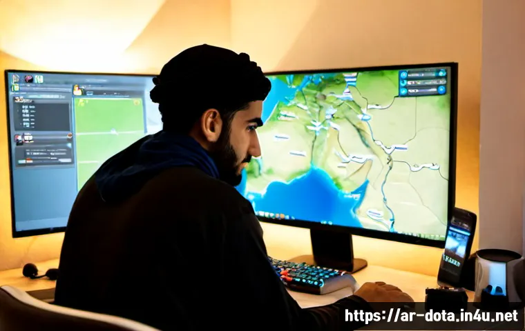 Home 30 도타2 튜토리얼 업데이트 - Photorealistic young Arab gamer in a modern Gulf-style home office, seated at a desktop computer wit...