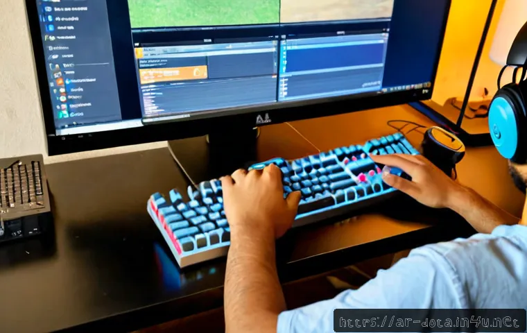 도타2 설정 백업 방법 - Photorealistic home gaming desk in a modern Arab apartment, young adult gamer in modest casual cloth...